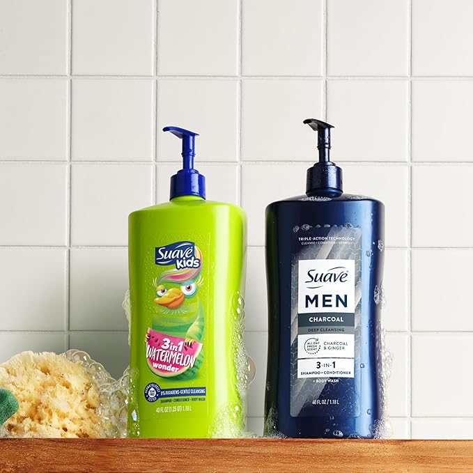 Suave Men Deep Cleansing 3 in 1 Shampoo, Conditioner & Body Wash with Charcoal Powder, Detoxifies & Cleanses Hair & Skin, Removes Oil & Impurities, 4 Count, 40 FL OZ Pump