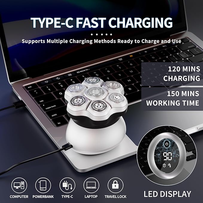 Head shavers for Bald Men,Upgraded 7D Bald Head Electric Razors,-IPX6 Waterproof Dry Wet Rotary Shavers/Razor for Balder with an Extra agnetic Head（White）