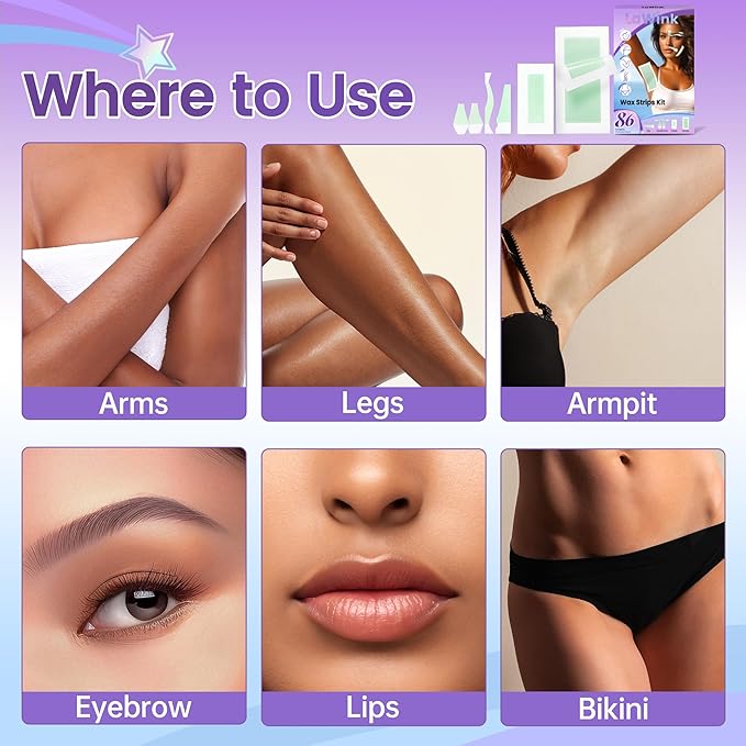 Facial Wax Strips 86Pcs for Hair Removal Body Wax Strips 6 Sizes and 6 Oil Wipes Bikini Waxing Strips Mouth waxing Eyebrow Face Arms Legs Underarm Back Waxing Kit for Women and Men