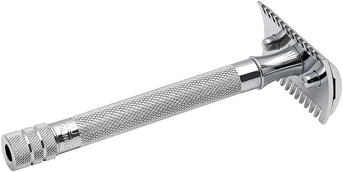 MERKUR 25C Double Edge Safety Razor in Bright Chrome with an Open Comb Design, Long Handle, Made in Germany, Plastic-Free, Three-Piece Design, and Straight Bar