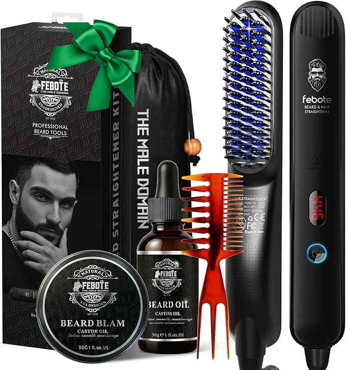 Heated Ionic Hair Straightening Brush for Men - 5 Temperature Settings, Anti-Scald, Beard Shaper & Travel Bag Blue