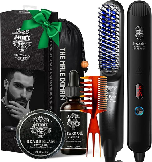 Heated Ionic Hair Straightening Brush for Men - 5 Temperature Settings, Anti-Scald, Beard Shaper & Travel Bag Blue