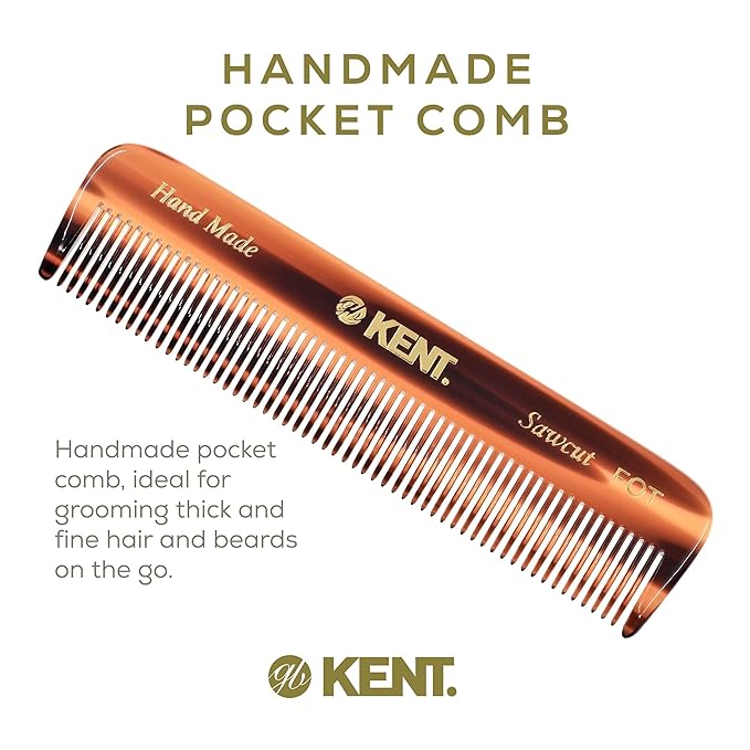 Kent FOT Fine Tooth Handmade Pocket Comb for Men, Women and Kids, Hair Comb Straightener for Everyday Grooming and Styling, Beard and Mustache, Saw Cut, Hand Polished, Made in England