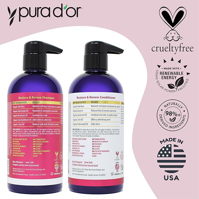 PURA D'OR Restore & Renew Shampoo (16oz) Hair Protection from Dye, Extensions and Heat Tools, Infused with Organic Aloe Vera, Rosemary Leaf Oil, Sea Buckthorn Fruit Oil, & Cacay Seed Oil