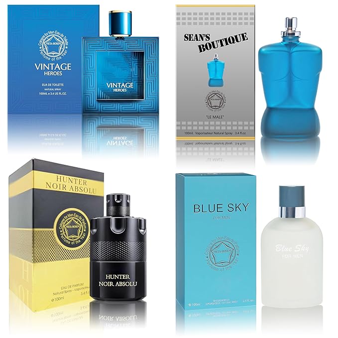 META-BOSEM Cologne for Men Set (100ml x 4PCS Variety Pack Vintage Heroes,Blue Sky,Sean's Boutique,Hunter Noir) Eau De Perfume Notes of Woody, Spicy, Citrus & Aromatic Long Lasting Perfume for Men