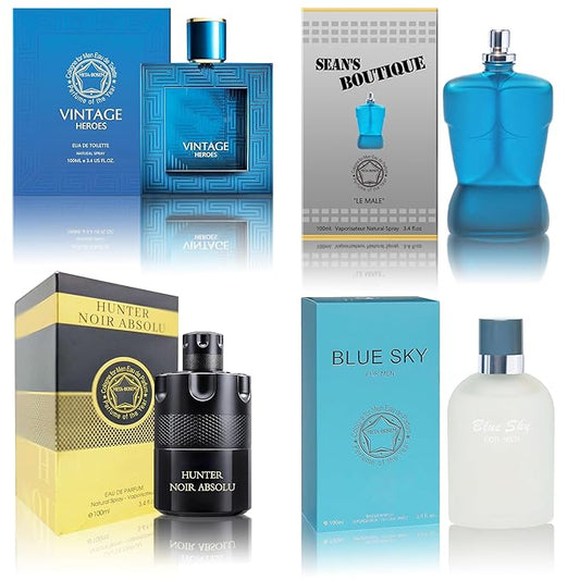 META-BOSEM Cologne for Men Set (100ml x 4PCS Variety Pack Vintage Heroes,Blue Sky,Sean's Boutique,Hunter Noir) Eau De Perfume Notes of Woody, Spicy, Citrus & Aromatic Long Lasting Perfume for Men