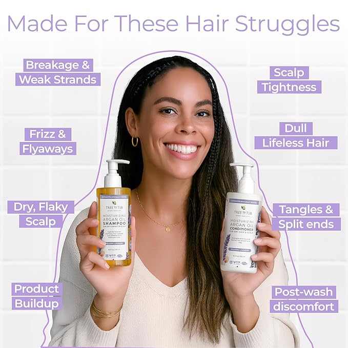 Tree To Tub Lavender Shampoo and Conditioner Set for Dry Hair, Dry Scalp, Frizz - Moisturizing Argan Oil Shampoo and Conditioner for Women & Men w/Organic Natural Aloe Vera