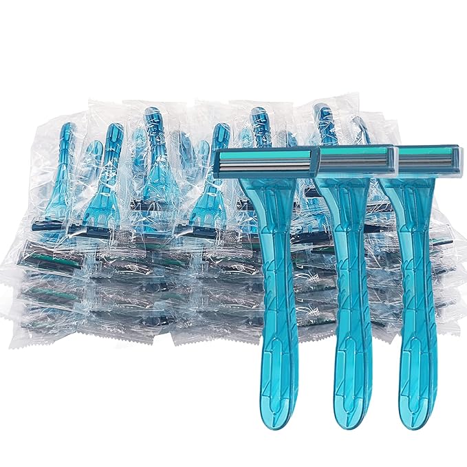 100 Pack Disposable Razors Individually Wrapped, Razors Bulk, Twin Stainless Steel Blade Razors for Hotel, Travel, Airbnb, Homeless (Blue)