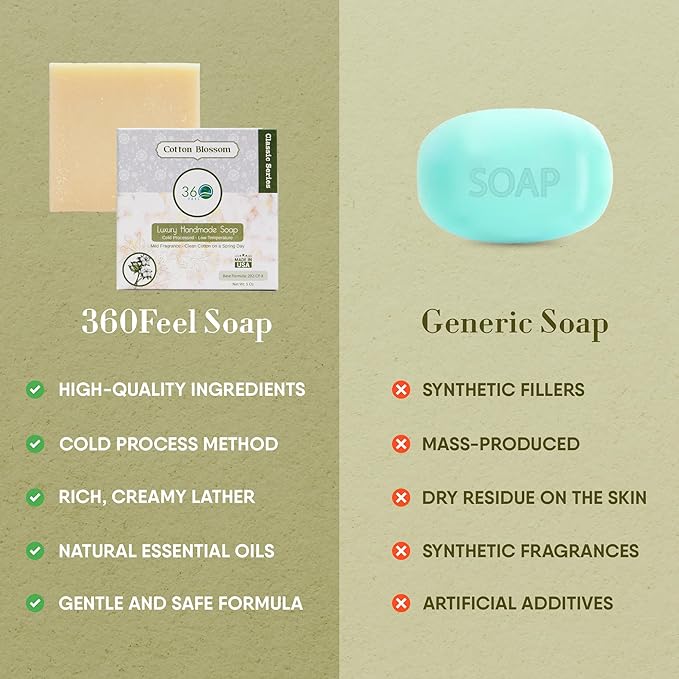 360Feel Clean cotton Soap 5 oz Castile Handmade Soaps -Refreshing Spring scent- Essential Oil Natural Mans Soap bar- Anniversary Wedding Gifts- Made in USA-Gift ready Cotton Blossom