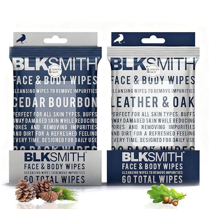 BLKSMITH Face & Body Wipes for Men - Travel Face & Body Wipes - Total 60 - Leather & Oak & Cedar Bourbon, Cool Gifts for Men 30x2 Wipe - Ideal for Gym, Office, or Outdoors, 2 Pack