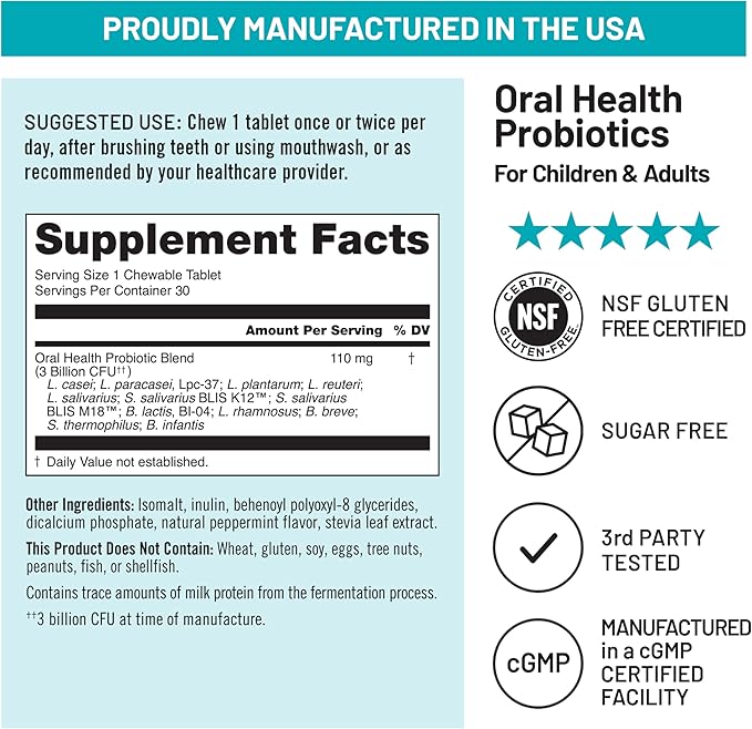 NatureWise Oral Probiotics for Mouth Bad Breath - Chewable Sugar-Free Mint - Lactobacillus reuteri Chewable - Oral Probiotics for Kids & Adults - Non-GMO USA Manufactured - 30 Count[30-Day Supply]