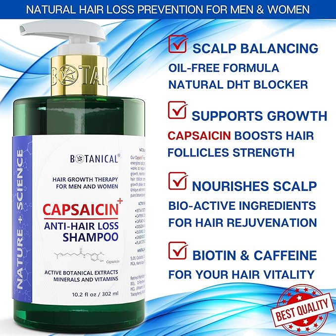 Botanical Capsaicin Shampoo for Hair Loss and Hair Thinning Oil-Free Scalp Stimulating Natural Shampoo For Men & Women 10.2 Fl Oz