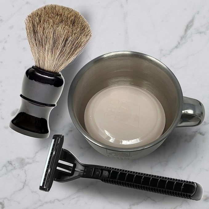 Stainless Steel Shaving Mug with Handle & Shea Butter Infused Lavender Citrus Shaving Soap – Men’s Wet Shave Bowl with Natural Lathering Soap