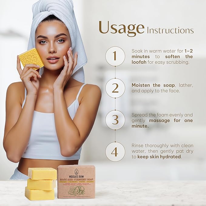 Kojic Acid and Turmeric Soap Bar for Dark Spots – Natural Brightening Bar with Coconut & Olive Oil, Lemon, Shea Butter, Vitamin C&E – Cleansing Moisturizing Bath Soap (3Pack) + Loofah Bath Sponge