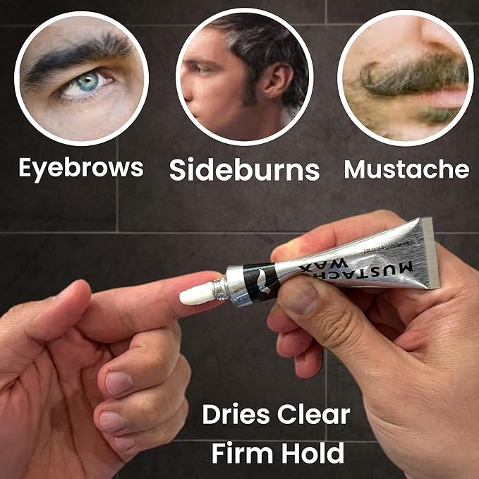 1 Tube Mustache Styling Wax Strong Hold Water Based Wax for Men Stache Beard Sideburns Eyebrows Grooming Touch-up All Hair Color Types Dries Clear - Travel TSA Approved - MADE IN USA