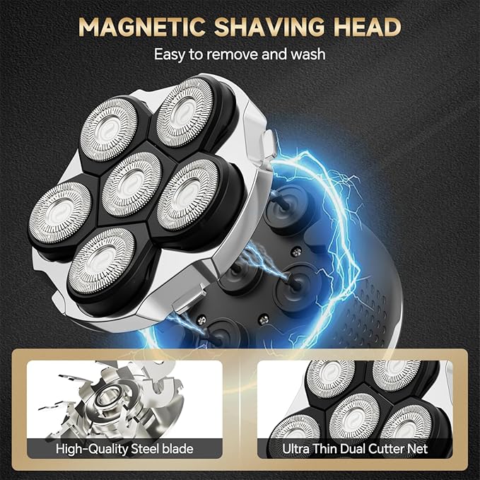 Head Shavers for Bald Men, 6 D Head Shaver LED Display Dry Wet Bald Head Razor, IPX7 Waterproof Skull Bald Head, Back & Groin Electric Razor, Rechargeable Flex Blades for a Close Shave