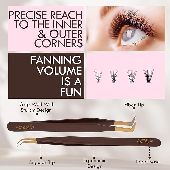 HADIZ Professional Eyelash Extension Tweezers Japanese Stainless Steel 45° & 90° Lash Tweezer for Precision Beauty Tools(Brown & Gold)