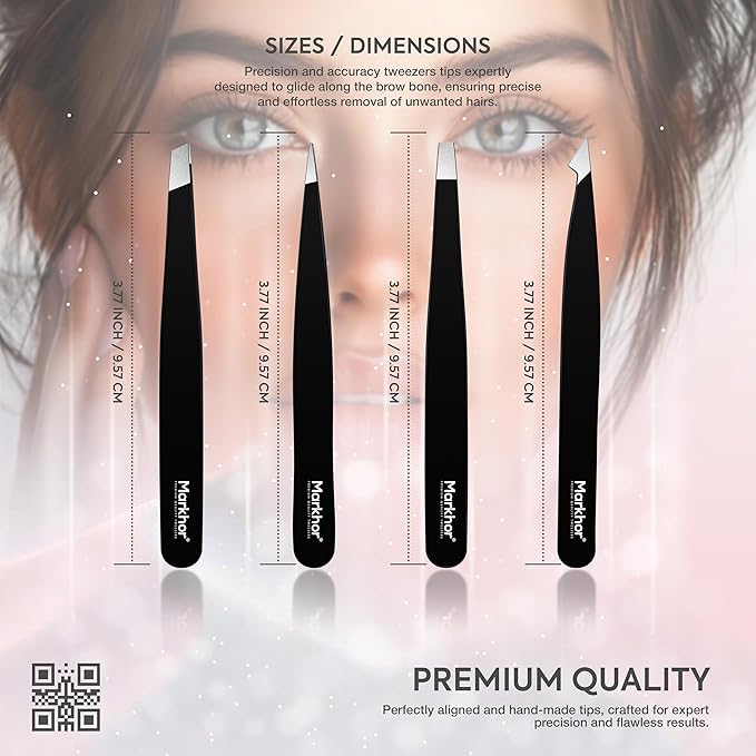 MARKHOR® Black Majesty Eyebrow Tweezers for Women Facial Hair, Splinter and Ingrown Hair Removal Tweezers Set, Professional Pointed and Slant Tweezers for Eyebrows, Precision Tweezers for Eyebrows