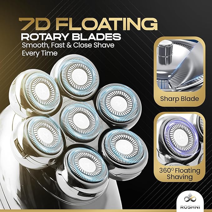 ROSHNI Head Shavers for Bald Men - Upgraded Detachable Head Shaver for Men - IPX7 Waterproof Electric Razor - 7D LED Display Rechargeable Grooming Kit with USB Charging Cable