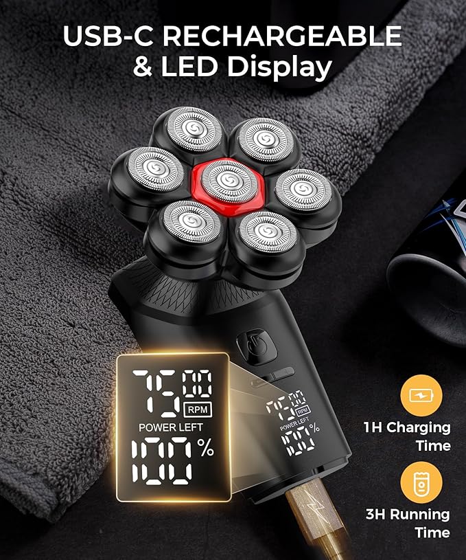 Head Shavers for Bald Men, 7D Head Shaver with LED Display, 3 Adjustable Modes, 10000 RPM High Speed Motor, IPX8 Waterproof, USB Fast Charging, Black