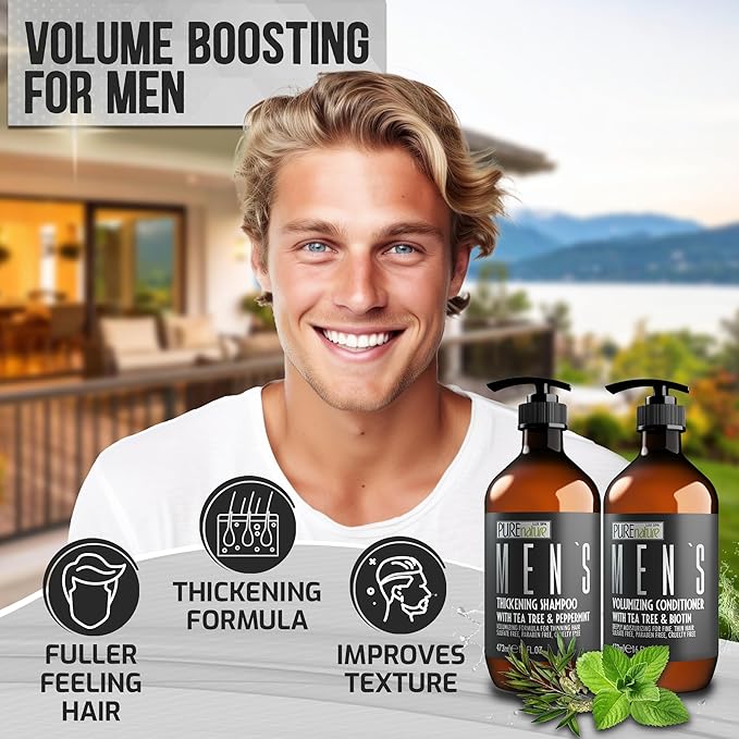 Mens Shampoo and Conditioner Set - Sulfate Free Strengthening and Thickening Formula for Fuller Hair - Helps with Thinning Hair - Formulated for Men - 16 Fl Oz (Set of 2)