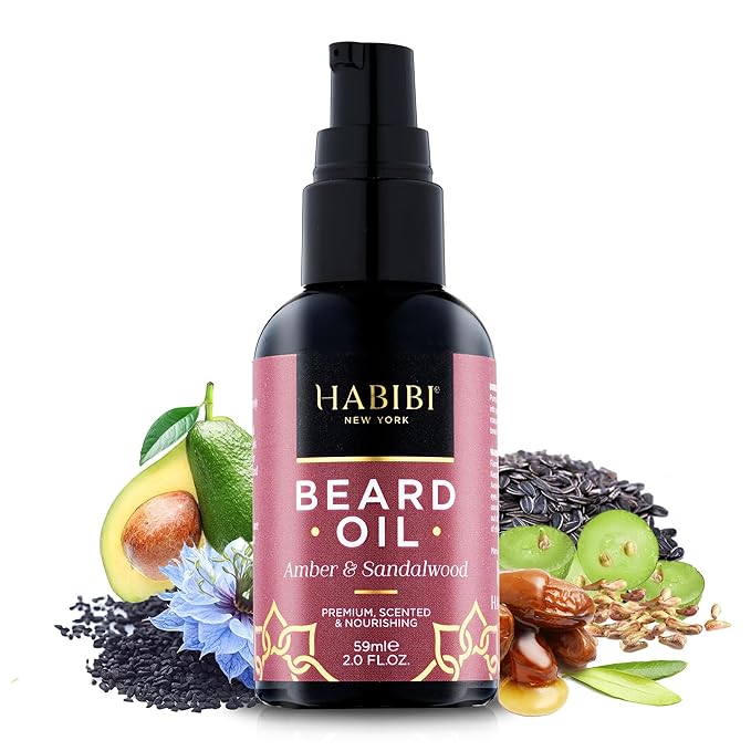 H HABIBI Amber & Sandalwood Beard Oil – 2.0 Fl. Oz Naturally Derived Beard Growth Oil for Men, Beard Care Essential – Hydrates, Nourishes & Promotes Healthy Growth, Made in USA