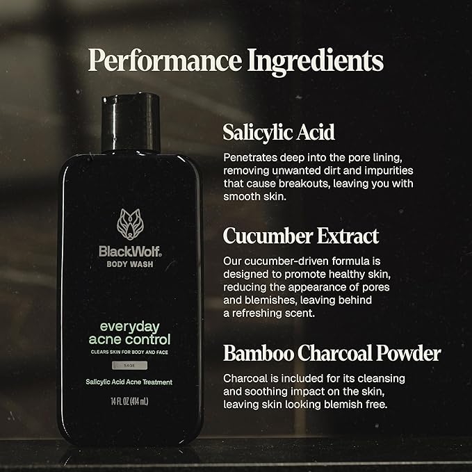 Black Wolf Salicylic Acid Body Wash for Men - 14 Fl Oz Men's Body Acne Wash - Charcoal Helps Reduce Acne Breakouts & Cleanse Your Skin - Full Coverage & Deep Clean Treatment - Men's Bodywash