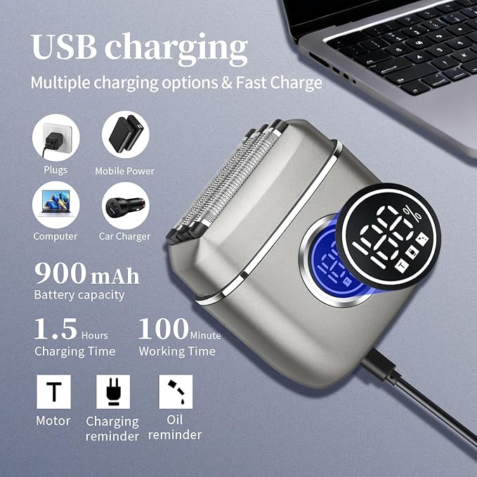 HIENA PRO Men's Electric Foil Shaver - USB-C Rechargeable, IPX7 Waterproof, Pocket-Sized with LED Display for Travel & Home (Gray)