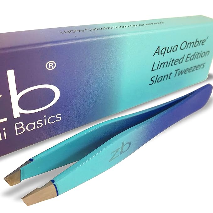 Zizzili Basics Tweezers - Limited Edition Aqua Ombré Slant Tweezer - Best Tweezers for Eyebrow, Hair Removal and Your Precision Needs