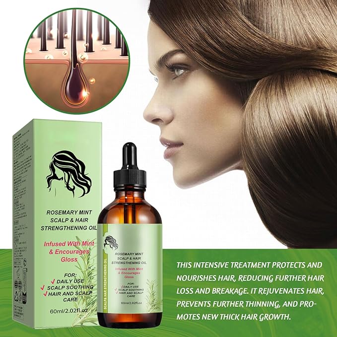 Rosemary Mint Scalp & Hair Strengthening Oil, Natural Ingredients with Jojoba Oil, Anti-Hair Loss Treatment for All Hair Types, 2.02 fl oz Glass Bottle with Dropper