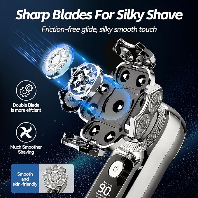9D Head Shaver for Bald Men, 6-in-1 Electric Razor with LED Display, Waterproof Wet & Dry, Type-C Fast Charging Cordless Bald Head Shaver (Gunmetal, 9D)