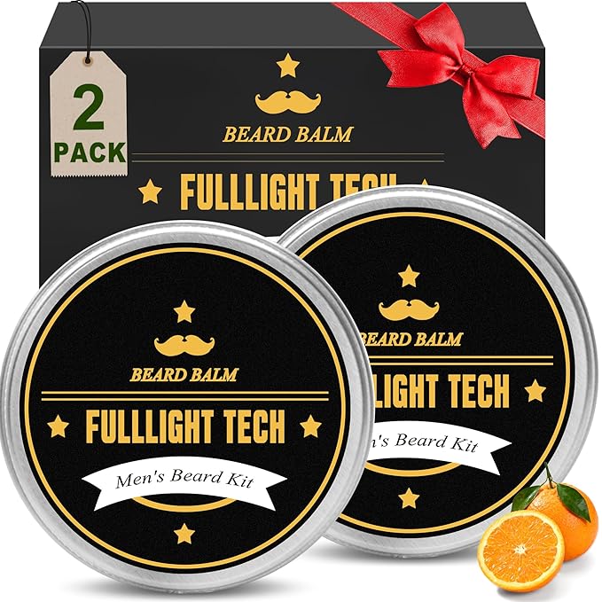 FULLLIGHT TECH Beard Balm, 2 Pack - Citrus Scent - Coconut, Argan, Jojoba Oils - Styles, Hydrates & Smooths Beards & Mustaches - Beard Styling Balm - Gifts for Men