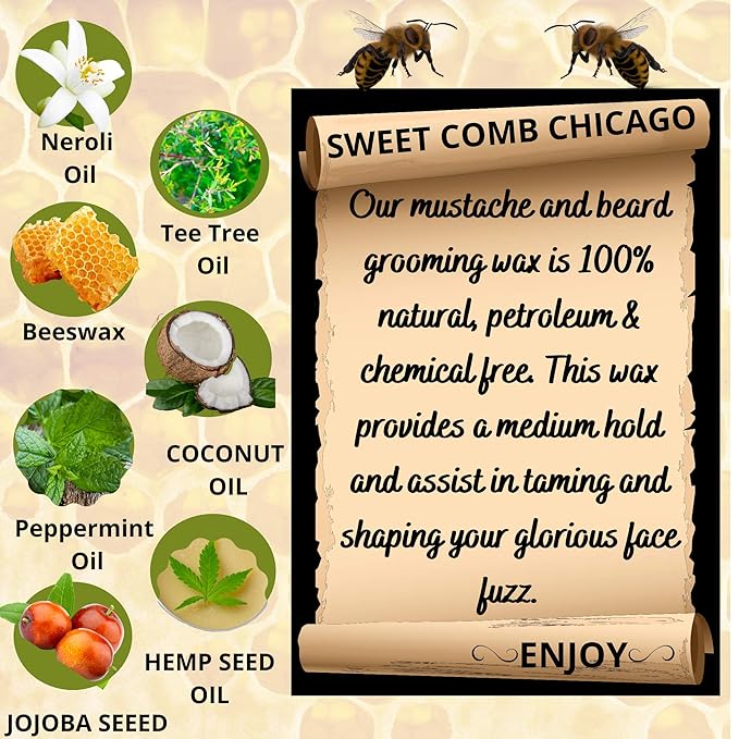 Sweet Comb Chicago Mustache & Beard Styling Wax, Medium Hold for Styling Men's Facial Hair, Great for Handlebar, Zappa, Beards to a Full, Square or Even Short Box Style Now with Tea Tree Oil