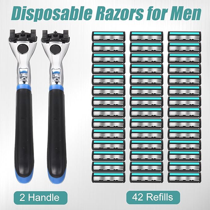 44 Pcs Razor Kit Refillable Three-blade Disposable Men's Razors Travel Shave Set Shaving Kit for Sensitive Skin, 2 Handle and 42 Cartridges