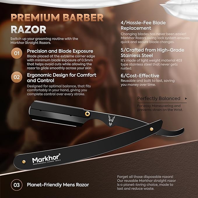 Markhor® Straight Razors for Men with 100 Single Edge Razor Blades | Matte Black Barber Straight Razor | Straight Edge Razor | Barber Razor Blade | Navajas Para Barbero