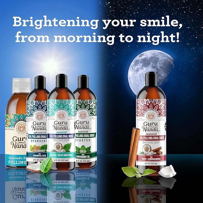 GuruNanda Starter Pulling Oil Mouthwash for Natural Teeth Whitening, Coconut and Peppermint Oil for Fresh Breath & Happy Gums, Alcohol-Free, 8 Oz (Pack of 2)