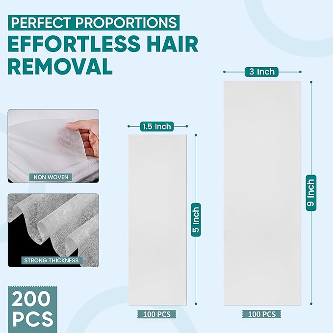 Amira Beauty 200 Non Woven Wax Strips for Hair Removal - Gentle Wax Paper for Waxing Face, Bikini, and Body - Pre Cut, Tear Resistant Small and Large Strips