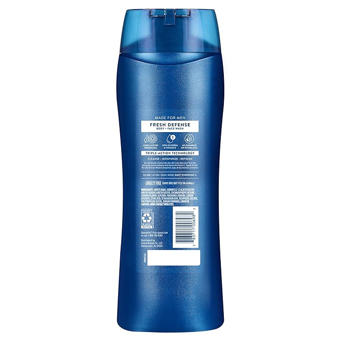 Suave Men Fresh Defense 2in1 Body & Face Wash with Glycerin & Vitamin E, Paraben & Phthalate Free, Cleanse, Moisturize & Refresh, Long-Lasting Fragrance, 18 FL OZ, 6 Count
