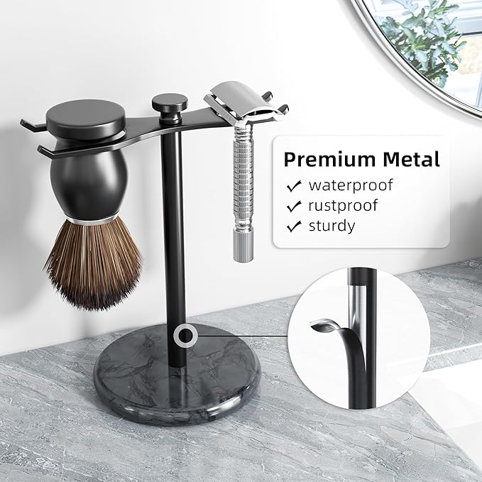 pickpiff Safety Razor Stand with Brush Holder, Marble Base with Black Metal Holder Heavy Duty, Extra Wide Openings, Fits Most Brushes and All Kinds Of Razors