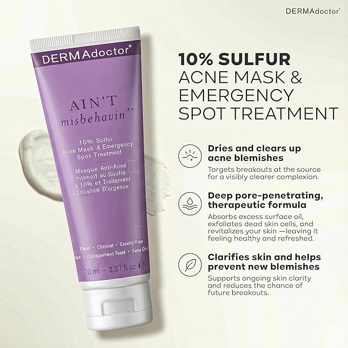 DERMAdoctor Ain’t Misbehavin’ 10% Sulfur Acne Mask, Oil-Absorbing Facial Treatment, 2.3 fl oz