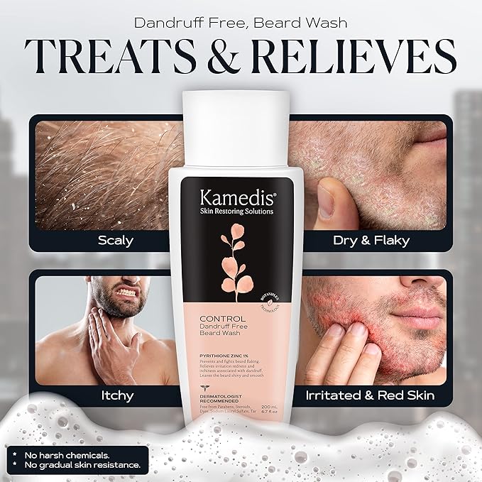 KAMEDIS Beard Wash - 6.7 Oz, Dandruff & Flake Free Ultimate Men's Shampoo, Contains Pyrithione Zinc & Salicylic Acid, Alleviates Itching & Irritation