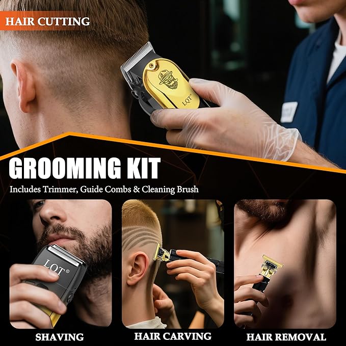 3-in-1 Barber Kit, Professional Hair Clipper, T-Blade Trimmer & Foil Shaver Set, Long-Lasting Battery, LED Display, Cordless Rechargeable Hair Cutting Tools for Men, Gold, Home-use, Gifts for Men