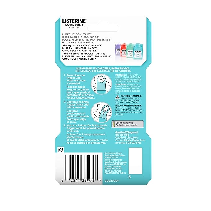 Listerine Cool Mint Pocketmist, Oral Care Mist for Fresh Breath, Non-Aerosol Sugar-Free Minty Bad Breath Refresher Spray to Kill 99% of Bad Breath Germs, Portable, Cool Mint Flavor, 7.7 mL