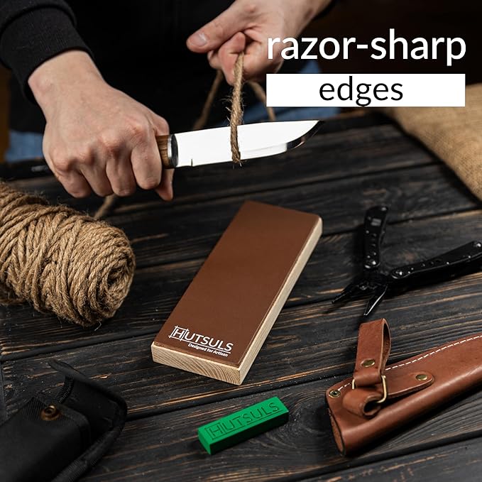 Hutsuls Leather Strop for Knife Sharpening - 3x9 Inch Wood Base Strop Block with Green Stropping Compound, Stropping Kit, Genuine Leather Knife Strop for Knives, Chisels and Straight Razors