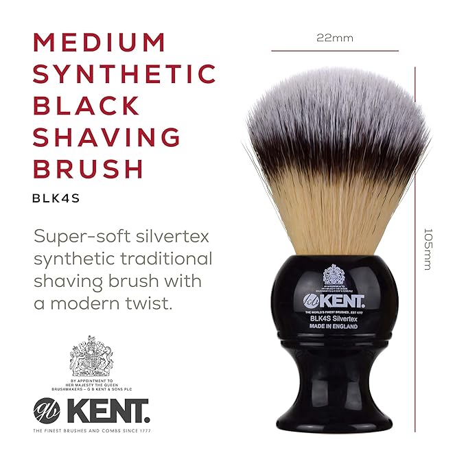 Kent BLK4S Shaving Brush with Ultra-Soft Silvertext Synthetic Bristles and Black Resin Handle to use with Shave Cream or Soap for a Perfect Lather. Luxury Shaving Since 1777, Made in England