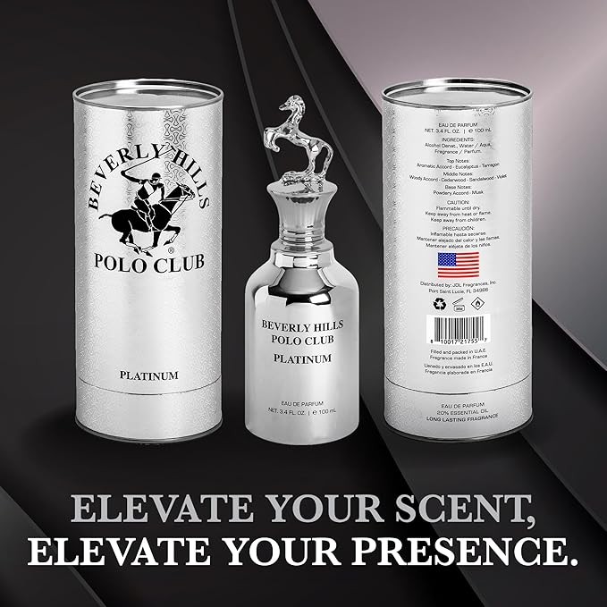 Beverly Hills Polo Club PLATINUM Eau de Parfum for Men - 3.4 Fl Oz Long-Lasting Fragrance with Iconic Metal Horse Cap & Premium Cylinder Box