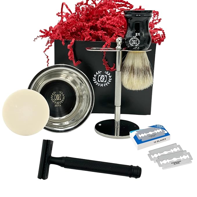 Men Safety Razor Shaving Gift Kit | Vintage Wet Shave Grooming Set for Men - Includes: Safety Razor, Hair Shaving Brush, Drip Shave Stand, Shave Soap, Bowl & Double Edge Razor Blades (Metallic)