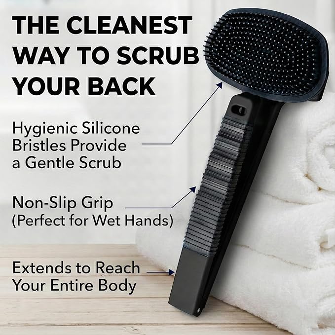 Bearback Silicone Body Scrubber with Extendable Handle – Back Scrubber for Shower, Men & Women – Removable Soft Brush, Gentle, Hygienic & Easy to Use