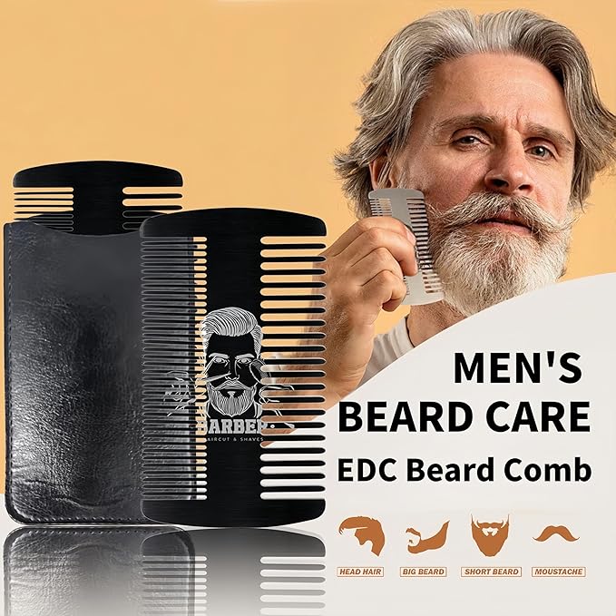 Metal Beard & Mustache Comb for Men - Anti-Static Dual Action - Credit Card Size Stainless Steel EDC Comb, Lice Wallet Pocket, Fine Cutting Teasing Barber Hair Styling - Black