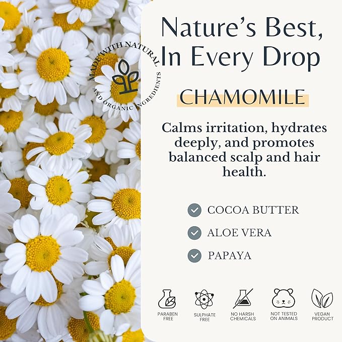 Chamomile Shampoo with Cocoa Butter, Aloe Vera & Papaya, 16 fl oz, Calming & Hydrating Formula, Vegan, Sulfate-Free, Paraben-Free, for All Hair Types